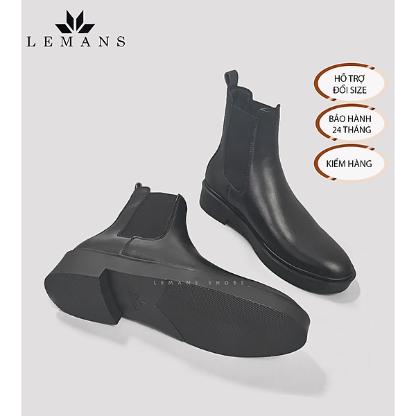 Giày da bò Chelsea Boots Black LEMANS CB66, đế lemans cao 4cm, boot nam chelsea boot nam, bảo hành 12-24 tháng