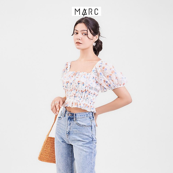 Áo croptop kiểu nữ Marc Fashion cổ vuông tay phồng nhún thun eo FAVH060322