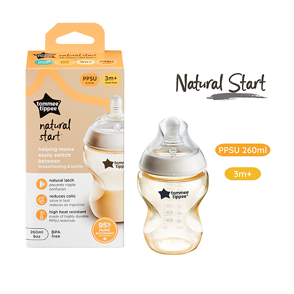 Bình Sữa PPSU Ty Siêu Mềm Tự Nhiên Tommee Tippee Natural Start 260ml, Núm Ty Của Bình 3-6 tháng
