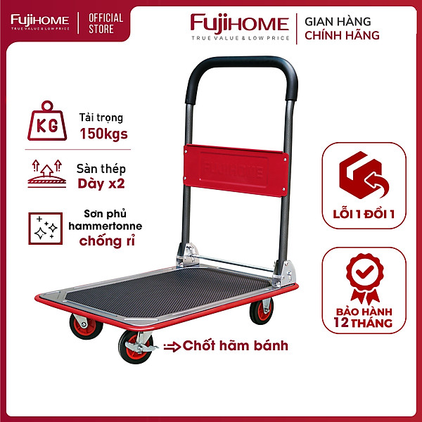 Xe đẩy hàng 4 bánh gấp gọn sàn thép FUJIHOME nhập khẩu, xe kéo hàng xếp gọn, bánh xe có chốt hãm - hàng chính hãng