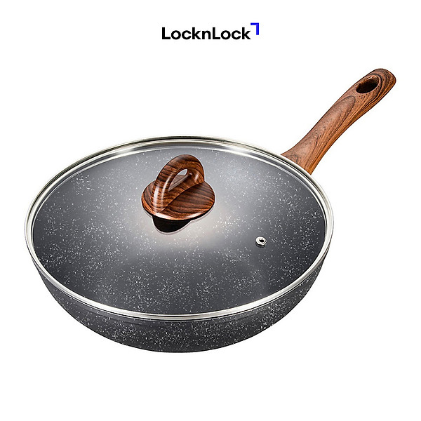 Chảo Nhôm Sâu Lòng Chống Dính Lock&Lock Baum Marble 1 Tay Cầm, Nắp Thủy Tinh LBU1285 (28cm)