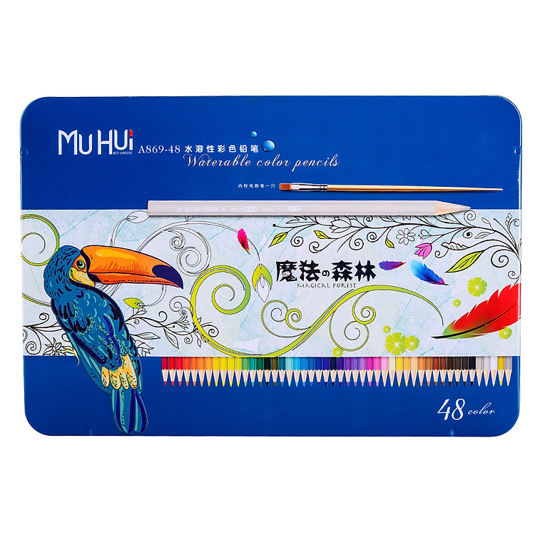 Bút Chì Màu Nước Hộp Thiếc MUHUI 48M - Xanh