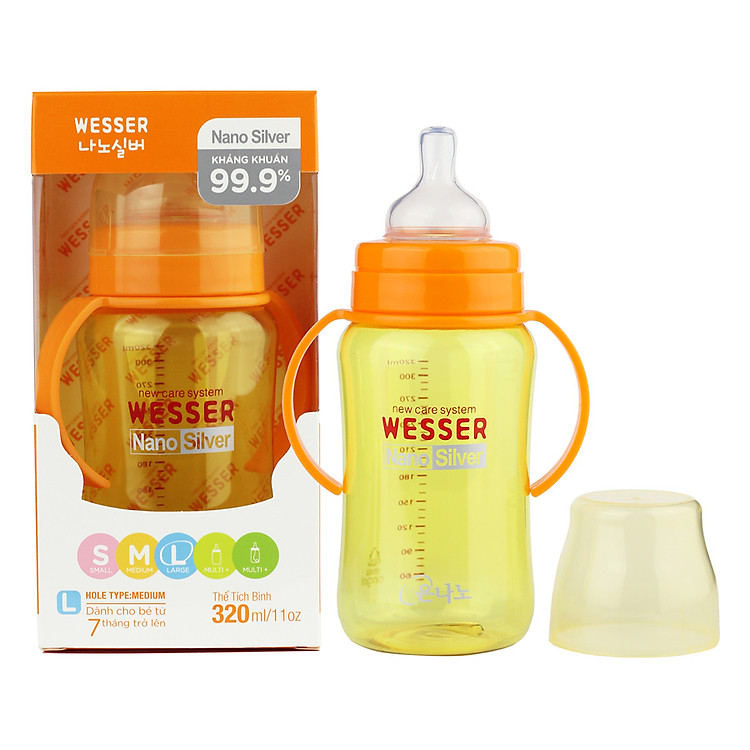 Bình Sữa Wesser Nano Silver Cổ Rộng (320ml) - Vàng
