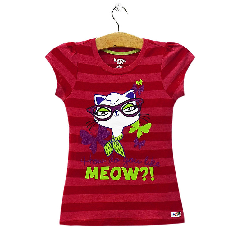 Áo Thun Sọc Ngang Bé Gái In Hình Mèo Kavio Kids GS22-N2 - Đỏ