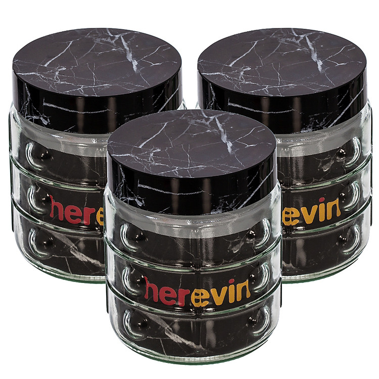 Bộ 3 Hũ Thuỷ Tinh Chấm Tròn Dập Nổi 1 Lít HEREVIN Nắp Đen 140701