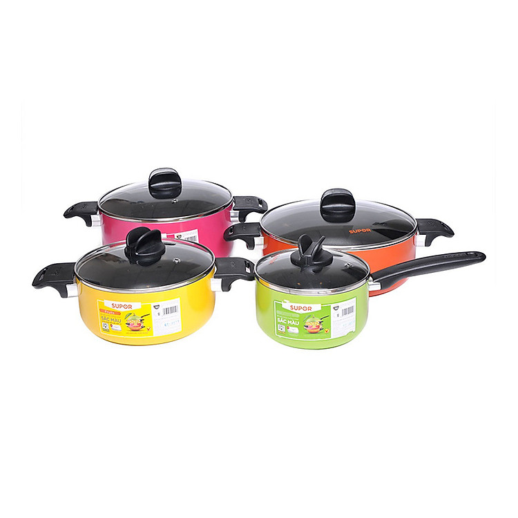 Bộ Nồi Canh Chống Dính Sắc Màu 4 Cái Supor 16, 20, 24, 26 cm (1.7, 2.7, 4.6, 4.8L) - S08A-T2
