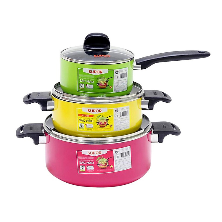 Bộ Nồi Canh Chống Dính Sắc Màu 3 Cái Supor 16, 20, 24cm (1.7, 2.7, 4.8L) - S08A-T3