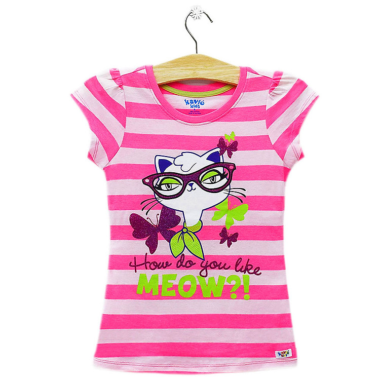 Áo Thun Sọc Ngang Bé Gái In Hình Mèo Kavio Kids GS22-N2 - Hồng