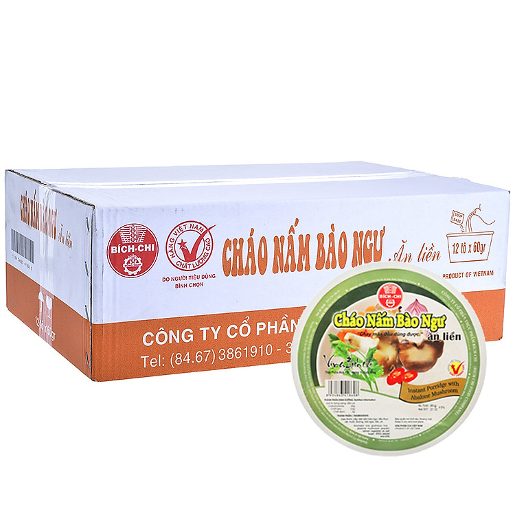 Thùng 12 Tô Cháo Nấm Bào Ngư Bích Chi 60g