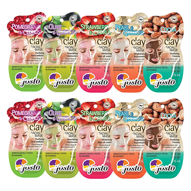 Combo 10 Mặt Nạ Josto: Đất Sét Bùn Non + Đất Sét Đỏ Và Lựu + Đất Sét Đỏ Và Dâu Tây + Đất Sét Trắng Và Ngọc Trai + Đất Sét Trắng Và Ôliu