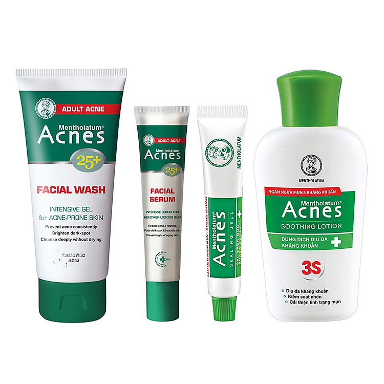 Combo Gel Rửa Mặt Ngăn Ngừa Mụn Tuổi Trưởng Thành Acnes 25+ Facial Wash (100g) + Tinh Chất Chuyên Biệt Cho Da Mụn Tuổi Trưởng Thành Acnes 25+ Facial Serum (20ml) + Dung Dịch Dưỡng Dịu Da Kháng Khuẩn Và Ngừa Mụn Acnes Soothing Lotion (90ml) + Gel Trị Mụn K