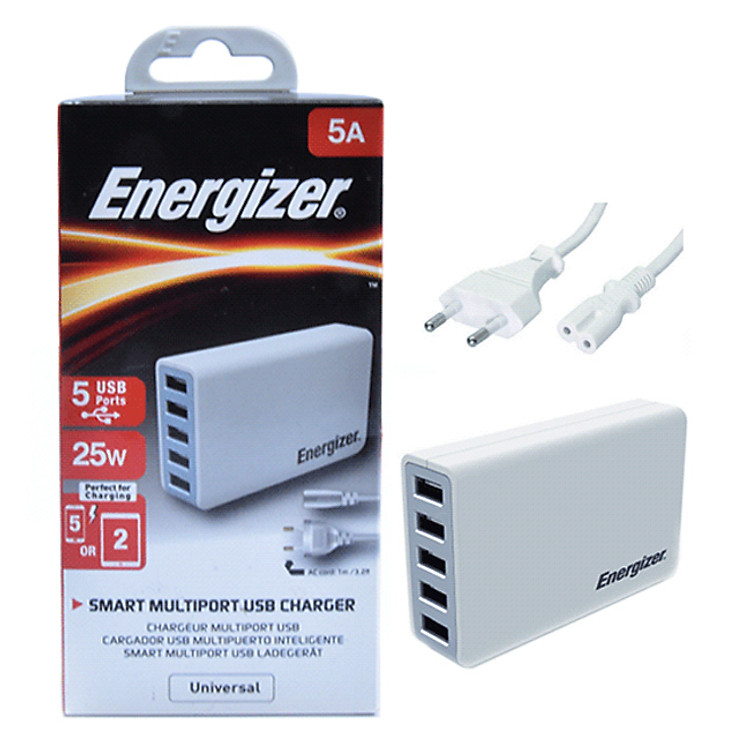 Apdapter Sạc Energizer 5 Cổng 25W EU USA5CEUCWH5 - Hàng chính hãng