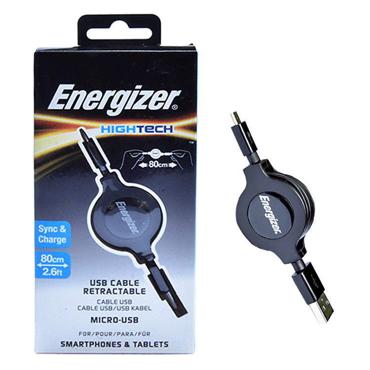 Cáp Sạc Micro USB Dây Rút Energizer C31UBRETEBK4 (80cm) - Đen - Hàng Chính Hãng
