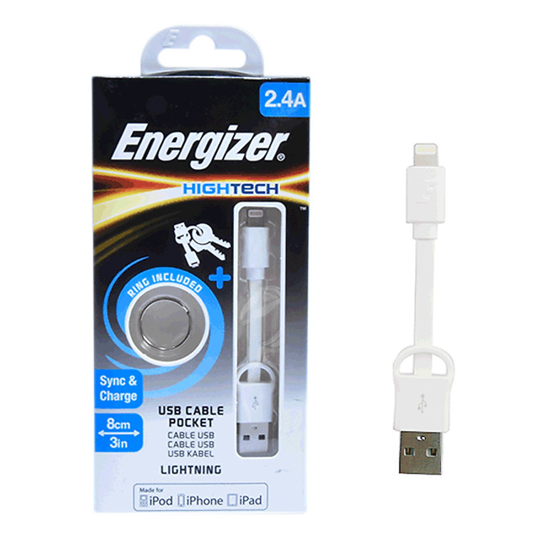 Cáp Sạc Lightning Energizer Pocket (8cm) - Trắng - Hàng Chính Hãng