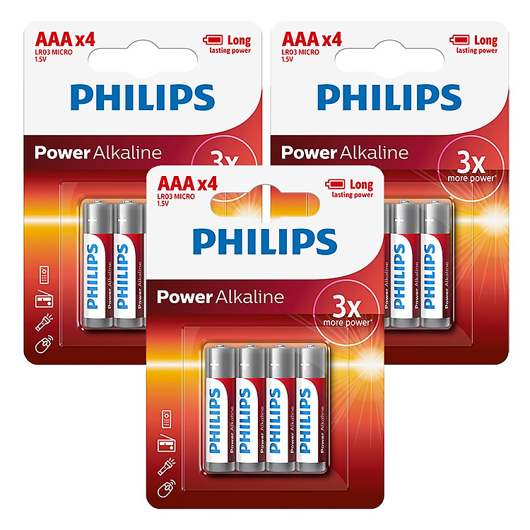 Combo 3 Vỉ - Pin Kiềm (Alkaline) Philips AAA LR03P4B (12 Viên AAA) - Đỏ
