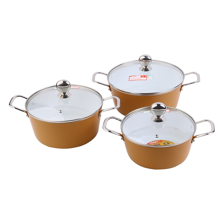 Bộ 3 Nồi Phủ Sứ Honey'S - Vàng
