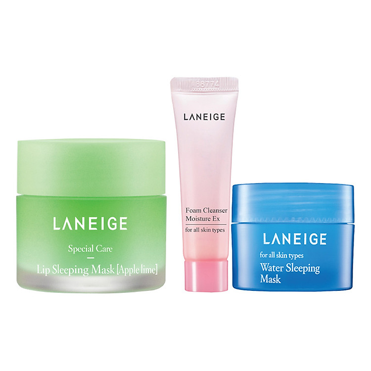 Bộ Mặt Nạ Ngủ Cho Môi Hương Táo Xanh Laneige Lip Sleeping Mask Apple Lime (20g) + Sữa Rửa Mặt Laneige Foam Cleanser Moisture Ex (10ml) + Mặt Nạ Ngủ Water Sleeping Mask (15ml)