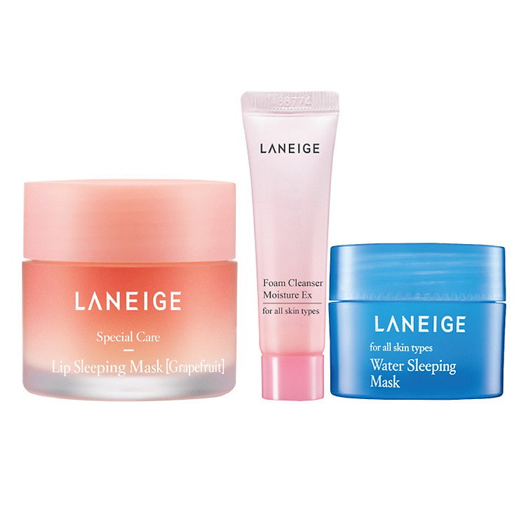 Bộ Mặt Nạ Ngủ Cho Môi Hương Bưởi Laneige Lip Sleeping Mask Grapefruit (20g) + Sữa Rửa Mặt Laneige Foam Cleanser Moisture Ex (10ml) + Mặt Nạ Ngủ Water Sleeping Mask (15ml)