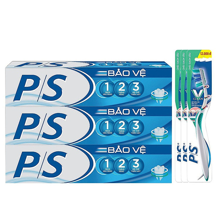 Combo 3 Kem Đánh Răng P/S Bảo vệ 123 + 3 Bàn Chải Đánh Răng P/S Chải Sạch Sâu