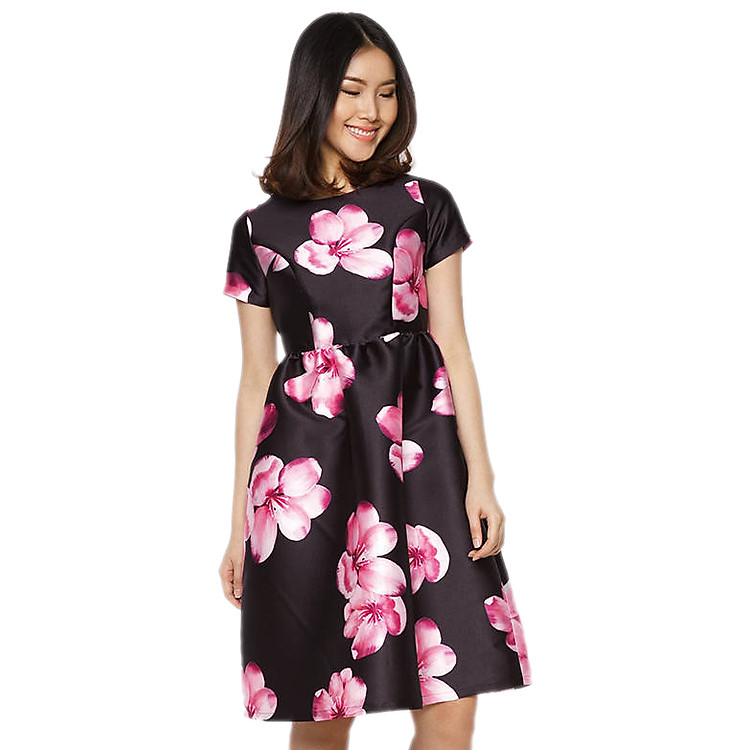 Đầm Hoa Tùng Xòe Dài Labelle D197 - Đen Phối Hoa Hồng