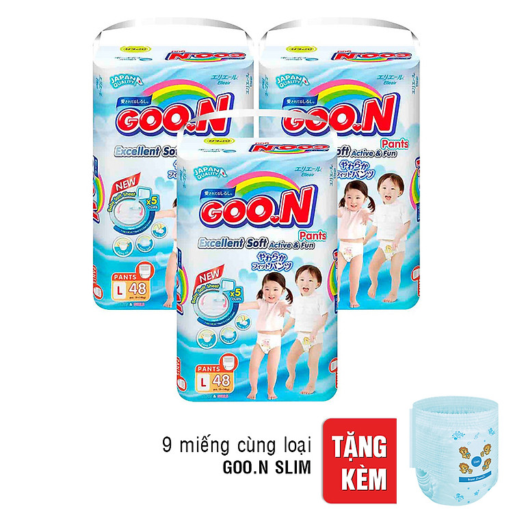 Combo 3 Gói Tã Quần Goo.n Slim Gói Cực Đại L48 (48 Miếng) + Tặng 9 Miếng Cùng Loại