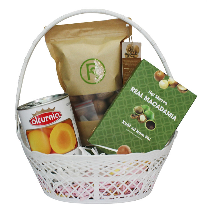 Giỏ Quà: Đào Đóng Hộp Alcurnia 850g + Hạt Dinh Dưỡng cho Sức Khỏe Óc chó Túi 400g + Hạt Dinh Dưỡng Cho Sức Khỏe Mắc Ca Hộp 400g