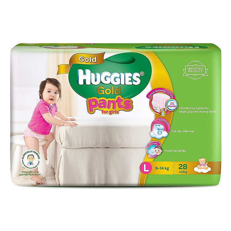 Tã Quần Nhập Khẩu Cao Cấp Huggies Gold Bé Gái L28 (28 Miếng) + Tặng Kèm 1 Gói Khăn Ướt Cho Trẻ Sơ Sinh Huggies