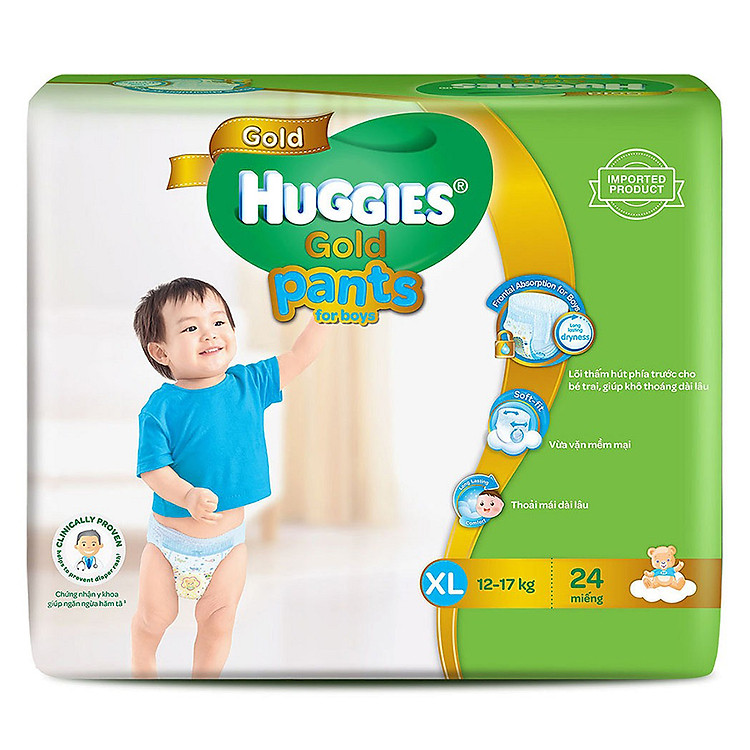 Tã Quần Nhập Khẩu Cao Cấp Huggies Gold Bé Trai XL24 (24 Miếng) + Tặng Kèm 1 Gói Khăn Ướt Cho Trẻ Sơ Sinh Huggies