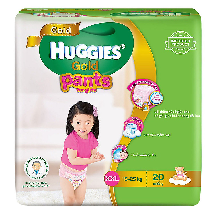 Tã Quần Nhập Khẩu Cao Cấp Huggies Gold Bé Gái XXL20 (20 Miếng) + Tặng Kèm 1 Gói Khăn Ướt Cho Trẻ Sơ Sinh Huggies
