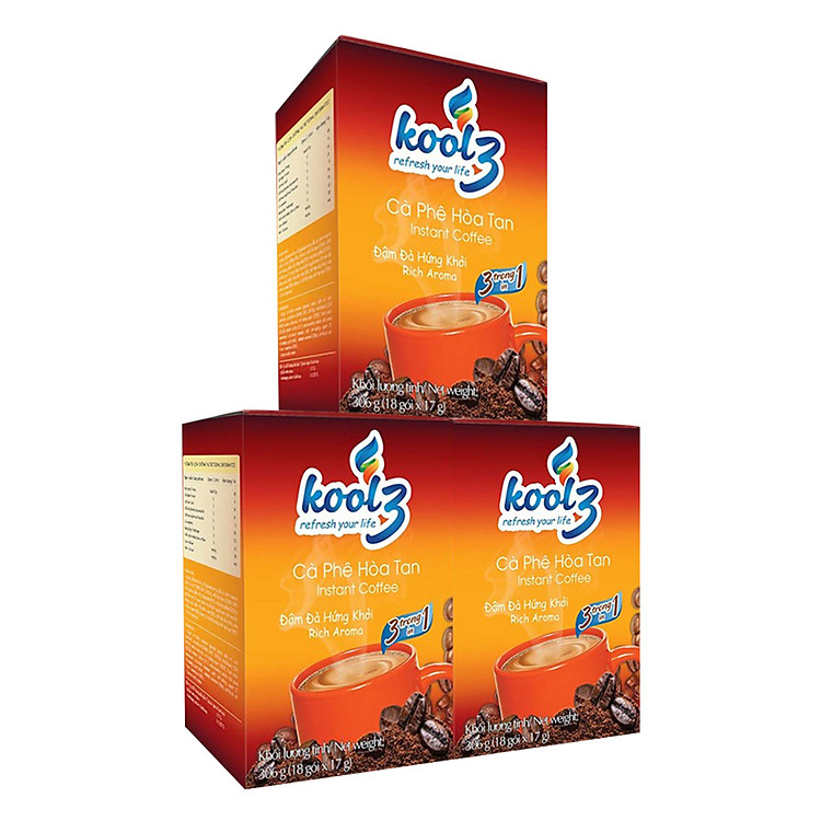 Combo 3 Cà Phê Hòa Tan KOOL3 Đậm Đà Hứng Khởi (18 Gói x 17g / Hộp)