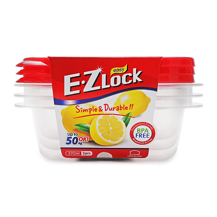 Bộ 3 Hộp Bảo Quản Ezlock Nắp Đỏ Lock&Lock HLE6204S 270Ml