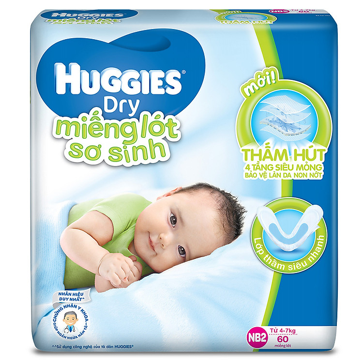 Miếng Lót Sơ Sinh Huggies Dry Newborn 2 - 60 (60 Miếng)