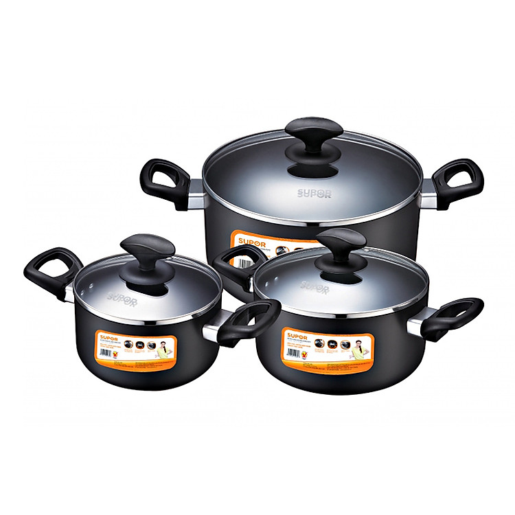 Bộ Nồi Canh Hợp Kim Nhôm Oxy Hóa Cứng 3 Cái Supor 16, 20, 24 cm (1.8, 3.2, 5.4L) - HT10015-T1