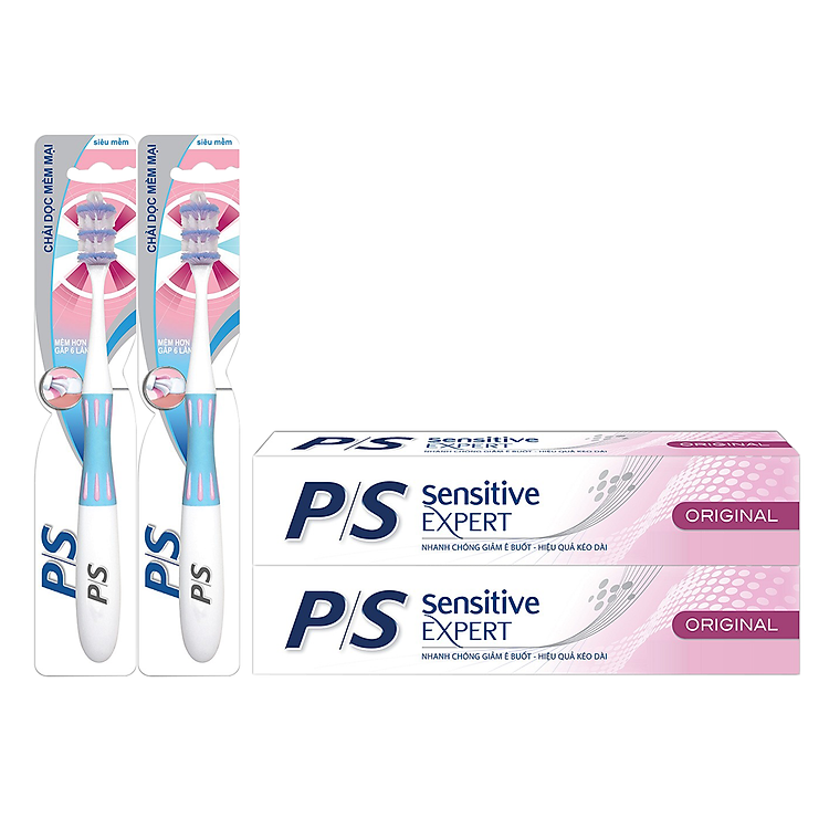 Combo 2 Kem Đánh Răng P/S Sensitive Expert 100g + 2 Bàn Chải Đánh Răng Chải Dọc Mềm Mại Siêu Mềm P/S