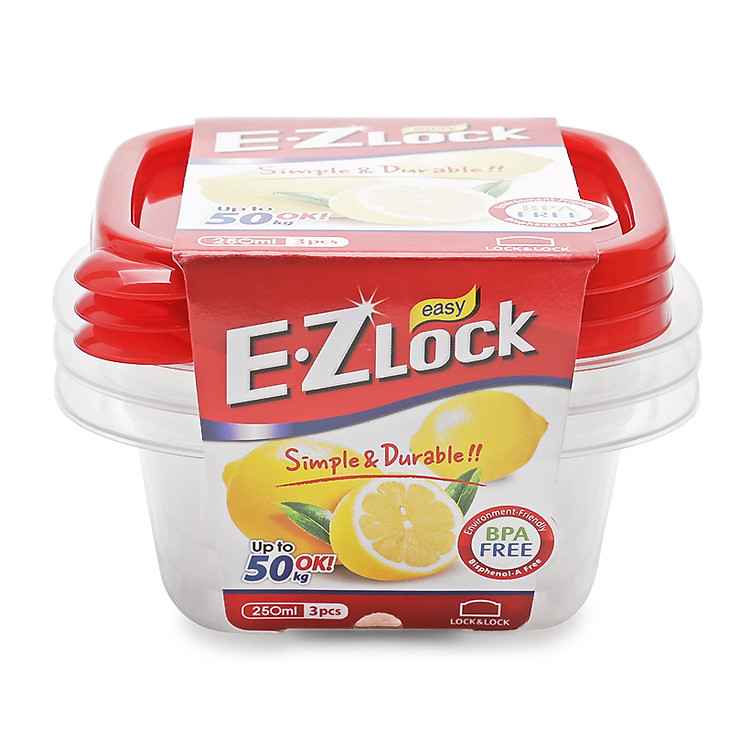 Bộ 3 Hộp Bảo Quản Ezlock Nắp Đỏ Lock&Lock HLE8104S 250Ml