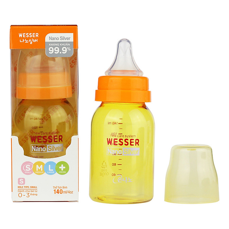Bình Sữa Wesser Nano Silver Cổ Hẹp (140ml) - Vàng