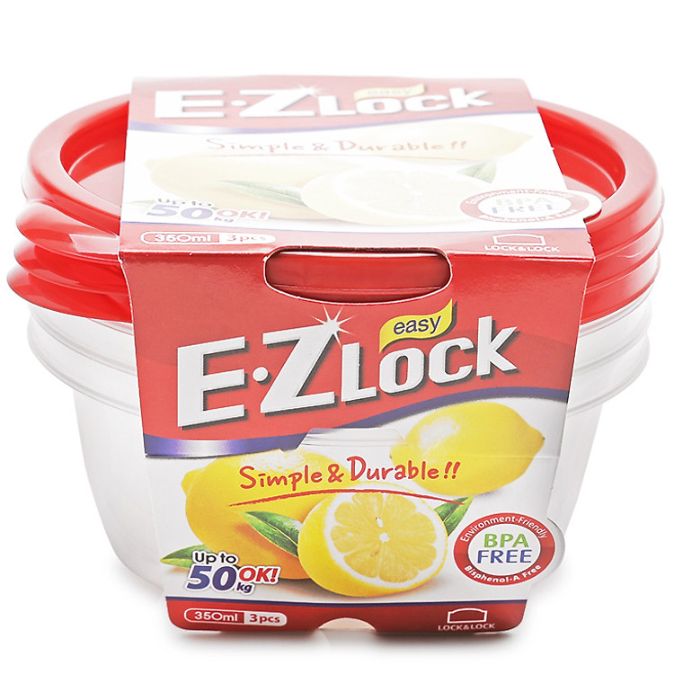 Bộ 3 Hộp Bảo Quản Ezlock Nắp Đỏ Lock&Lock HLE9404S 350ML