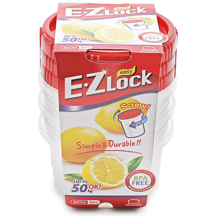Bộ 3 Hộp Bảo Quản Ezlock Nắp Đỏ Lock&Lock HLE9604S 460Ml
