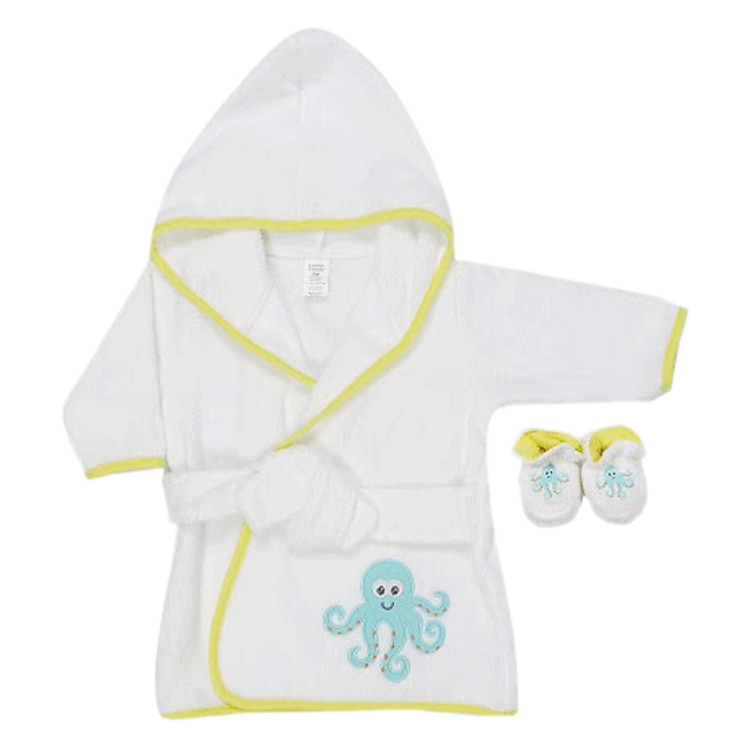 Bộ Áo Khoác Tắm Và Dép Lông Cho Bé Luvable Friends 05246 - Trắng Viền Vàng (0 - 9 Tháng)