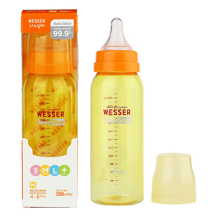 Bình Sữa Wesser Nano Silver Cổ Hẹp (250ml) - Vàng