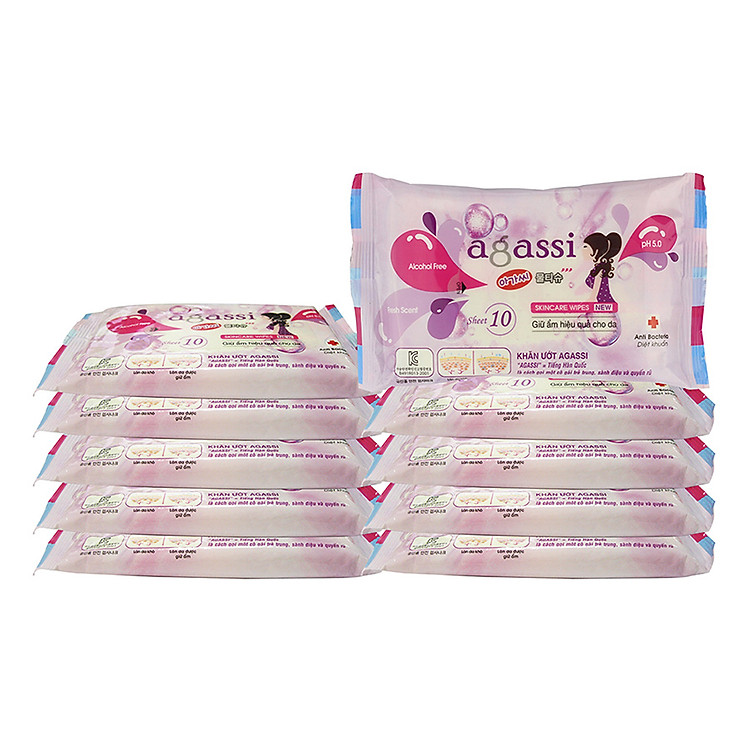 Bộ 10 Gói Khăn Ướt Agassi Hương Nhẹ (10 Tờ x 10) - Tím