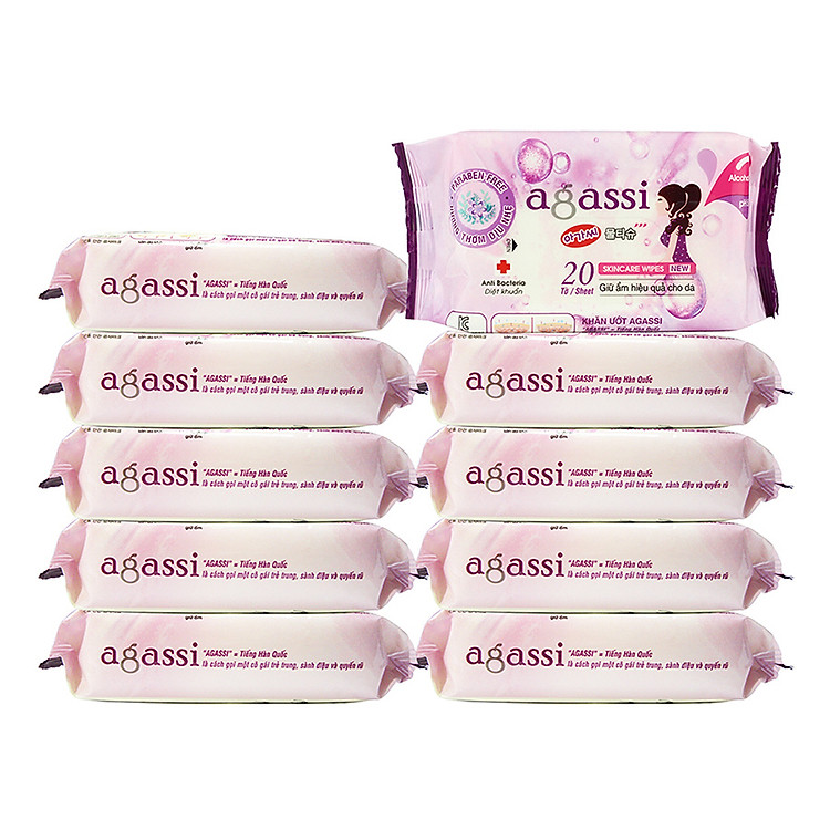 Bộ 10 Gói Khăn Ướt Agassi Hương Nhẹ (20 Tờ x 10) - Tím