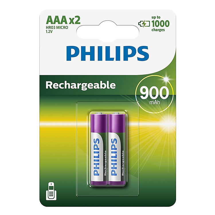 Pin Sạc Philips NiMH AAA 900mAh R03B2A90 (2 Viên AAA) - Xanh