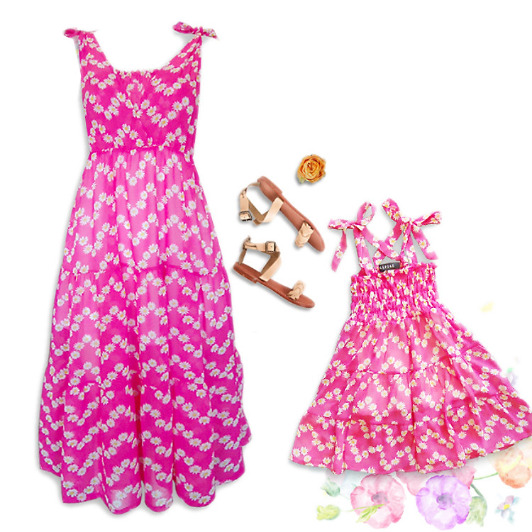 Combo Đầm Mẹ Bé Cúp Ngực Họa Tiết Cúc Hồng CIRINO CB_DAMCUPNGUC_CH_S4