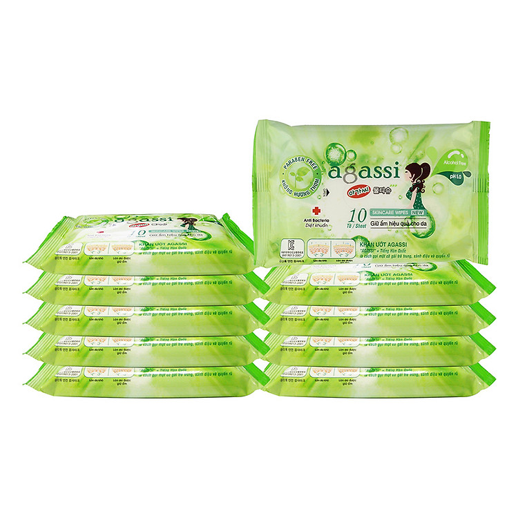 Bộ 10 Gói Khăn Ướt Agassi Không Hương (10 Tờ x 10) - Xanh Lá