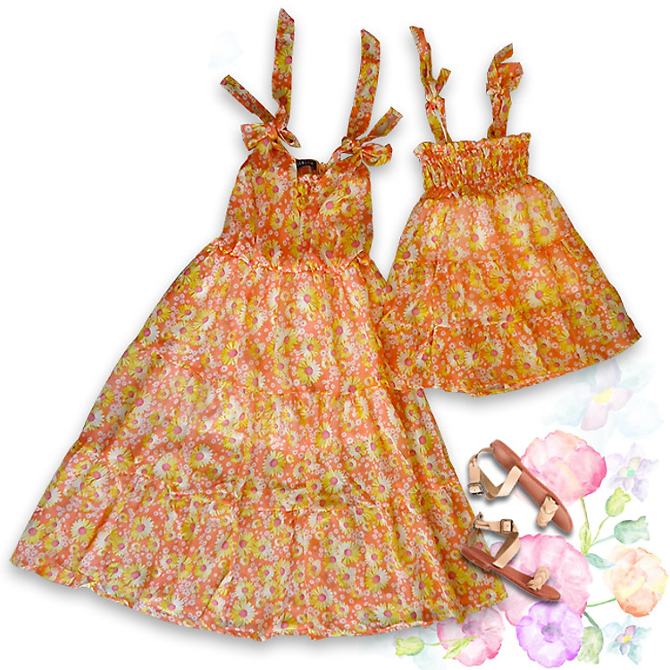 Combo Đầm Mẹ Bé Cúp Ngực Họa Tiết Cúc Vàng CIRINO CB_DAMCUPNGUC_CV_S4