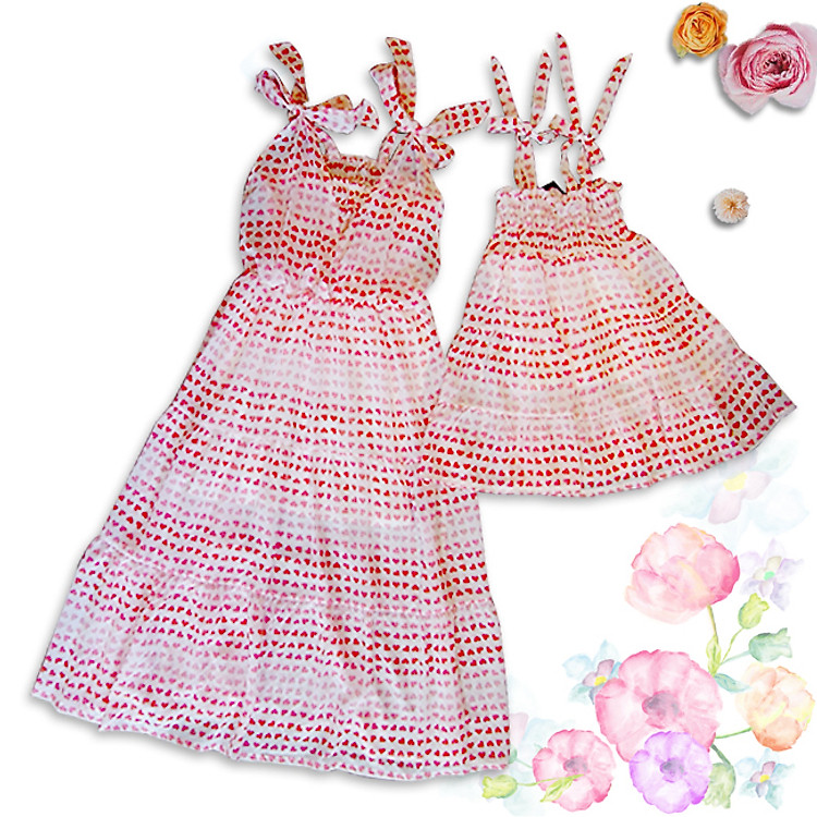 Combo Đầm Mẹ Bé Cúp Ngực Họa Tiết Tim Hồng CIRINO CB_DAMCUPNGUC_TH_S4