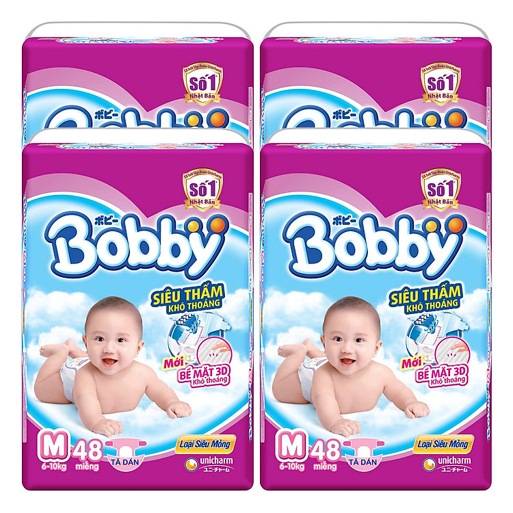 Combo 4 Gói Tã Dán Bobby Fresh Siêu Mỏng Gói Đại M48 (48 Miếng)