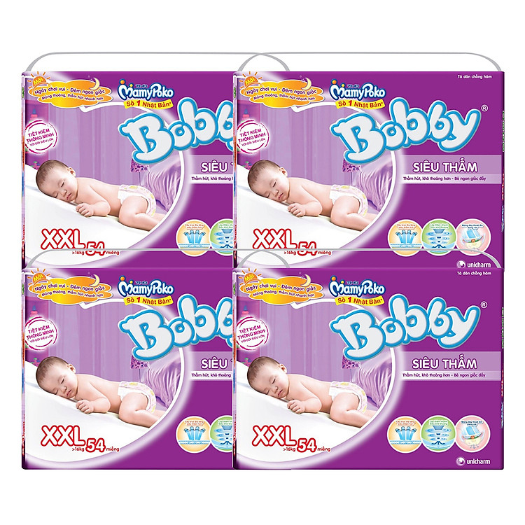 Combo 4 Gói Tã Dán Bobby Fresh Siêu Thấm Gói Cực Đại XXL54 (54 Miếng)