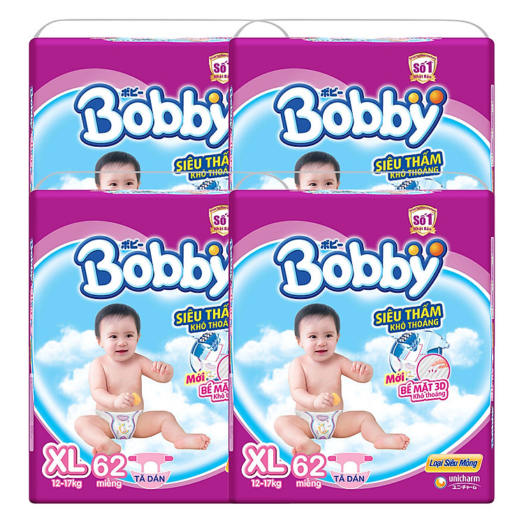 Combo 4 Gói Tã Dán Bobby Fresh Siêu Mỏng Gói Cực Đại XL62 (62 Miếng)